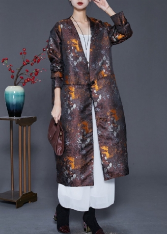 Plus Size Brown Oversized Print Bomuld Fyldt Silke Coat Outwear Spring