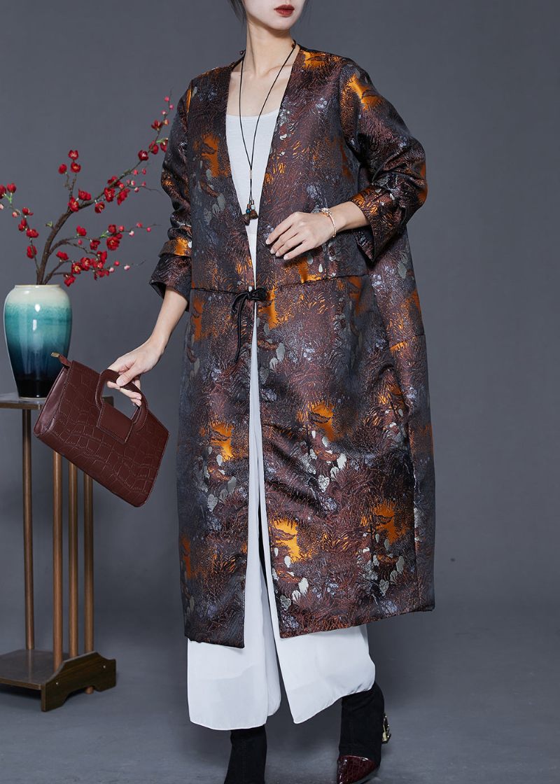 Plus Size Brown Oversized Print Bomuld Fyldt Silke Coat Outwear Spring - Dame vinterfrakker