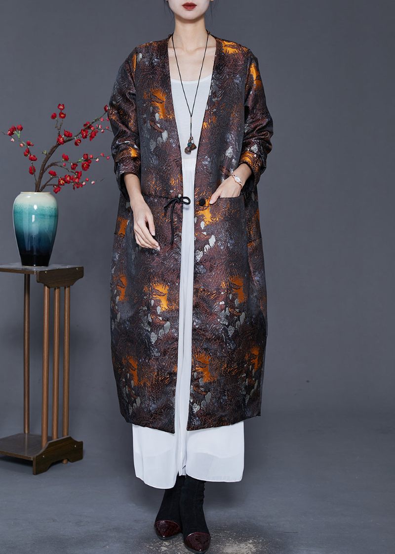 Plus Size Brown Oversized Print Bomuld Fyldt Silke Coat Outwear Spring - Dame vinterfrakker