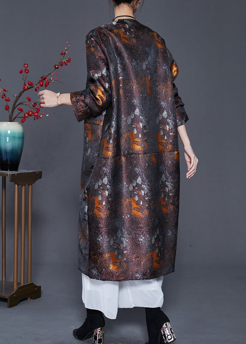 Plus Size Brown Oversized Print Bomuld Fyldt Silke Coat Outwear Spring - Dame vinterfrakker