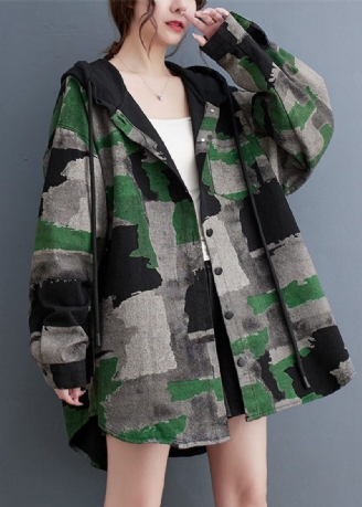 Plus Size Camouflage Print Rynket Hættefrakker Langærmet