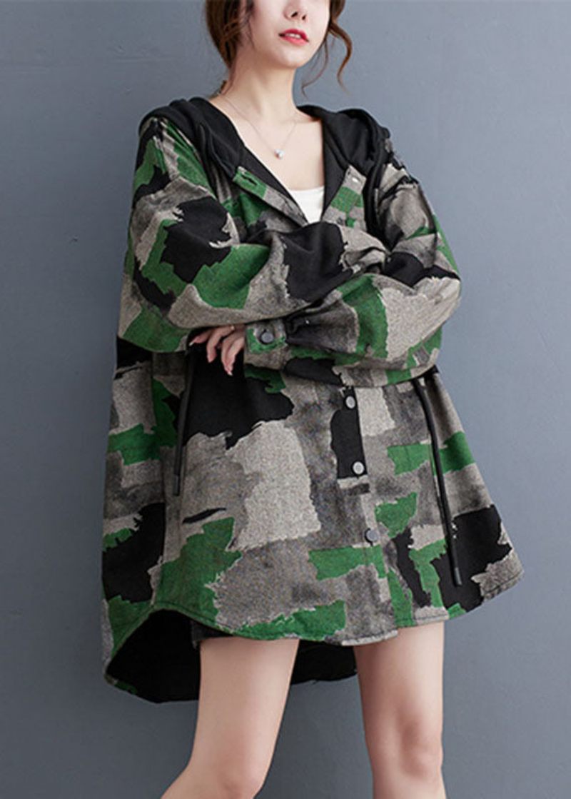 Plus Size Camouflage Print Rynket Hættefrakker Langærmet - Dame vinterfrakker