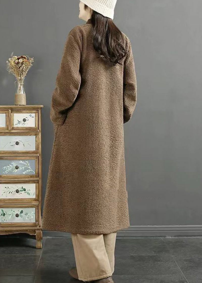 Plus Size Chokolade Broderet Kinesisk Button Faux Fur Frakker Vinter - Dame vinterfrakker