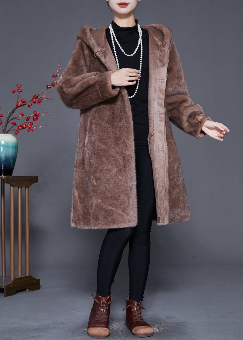 Plus Size Coffee Hooded Warm Mink Velvet Coat Outwear Winter - Dame vinterfrakker