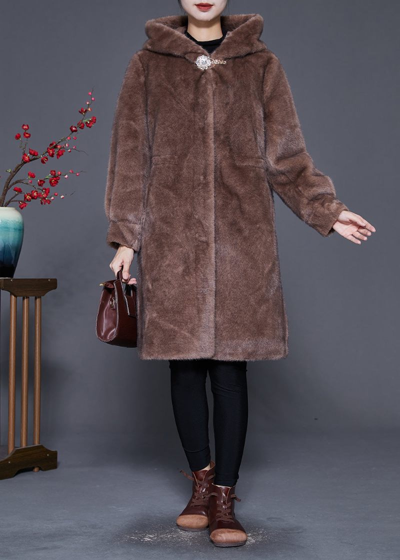 Plus Size Coffee Hooded Warm Mink Velvet Coat Outwear Winter - Dame vinterfrakker