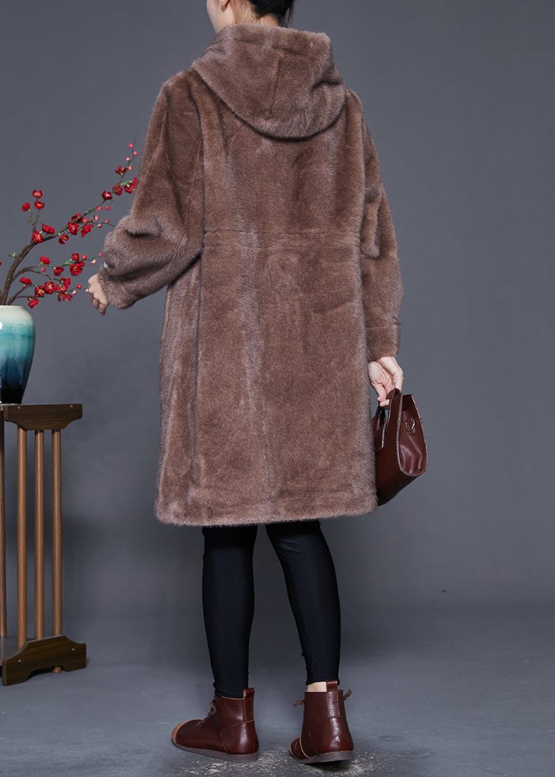 Plus Size Coffee Hooded Warm Mink Velvet Coat Outwear Winter - Dame vinterfrakker