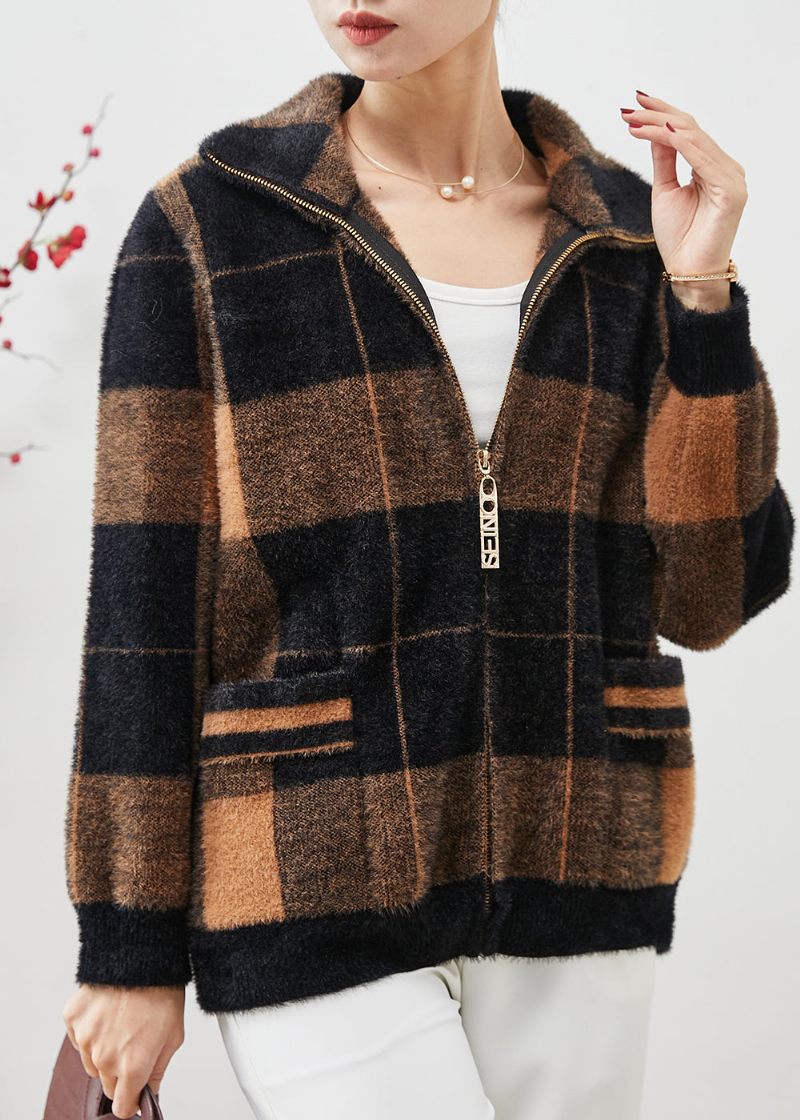 Plus Size Colorblock Zip Up Plaid Mink Velvet Coats Spring - Dame vinterfrakker