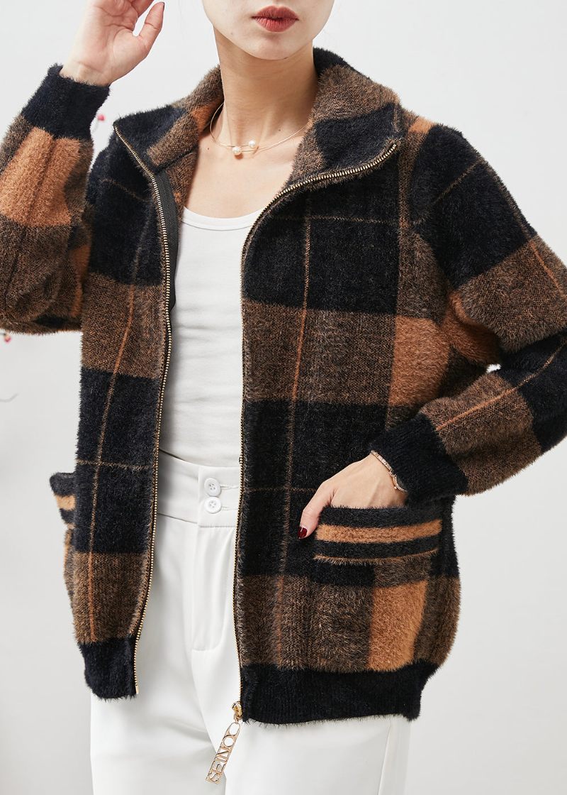 Plus Size Colorblock Zip Up Plaid Mink Velvet Coats Spring - Dame vinterfrakker