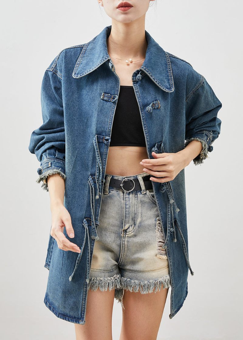 Plus Size Denim Blå Kinesisk Knap Bomuld Frakke Outwear Spring