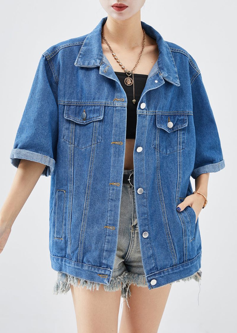 Plus Size Denim Blue Oversized Cotton Coats Halværmet - Dame vinterfrakker