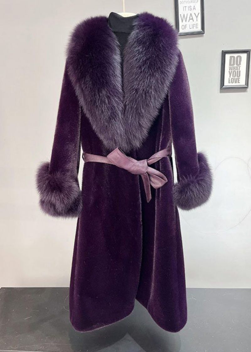 Plus Size Dull Purple Fox Krave Tie Talje Mink Velvet Trench Winter