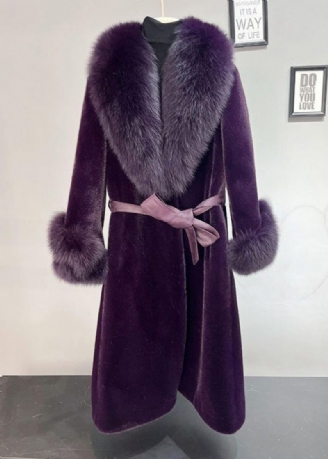 Plus Size Dull Purple Fox Krave Tie Talje Mink Velvet Trench Winter