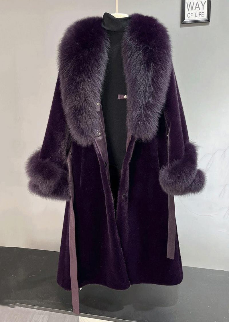 Plus Size Dull Purple Fox Krave Tie Talje Mink Velvet Trench Winter - Dame vinterfrakker