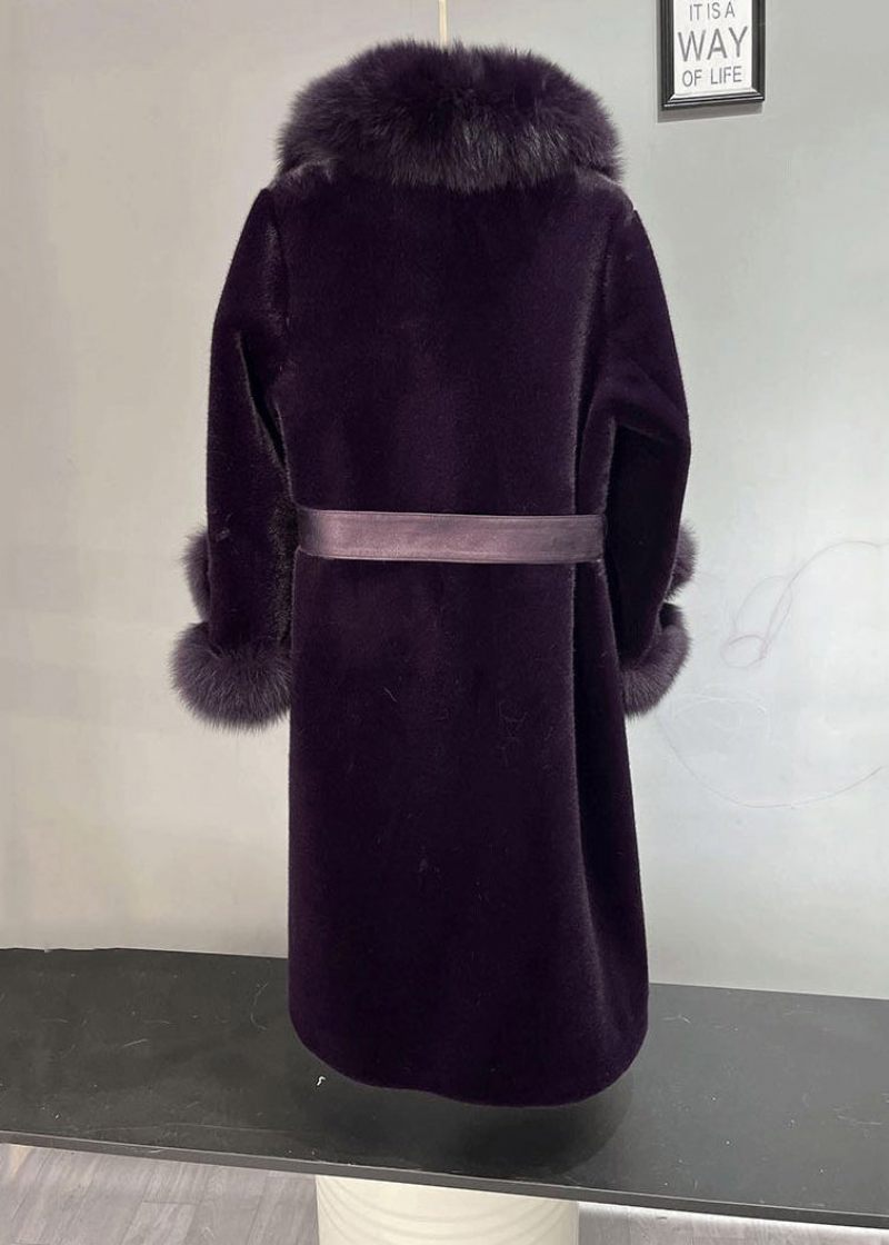 Plus Size Dull Purple Fox Krave Tie Talje Mink Velvet Trench Winter - Dame vinterfrakker