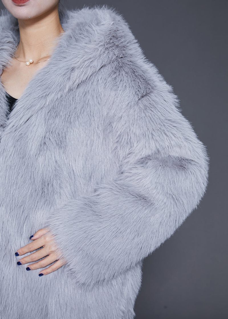 Plus Size Grå Oversize Varm Fuzzy Fur Fluffy Hættejakke Vinter - Dame vinterfrakker