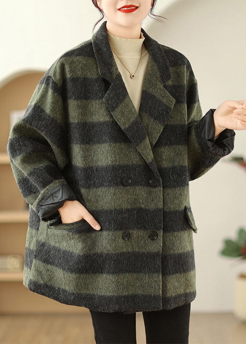 Plus Size Grøn Peter Pan Krave Plaid Fin Bomuld Fyldt Woolen Frakker Vinter