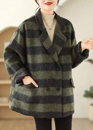 Plus Size Grøn Peter Pan Krave Plaid Fin Bomuld Fyldt Woolen Frakker Vinter