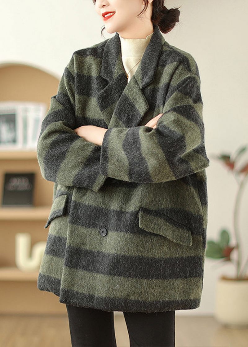 Plus Size Grøn Peter Pan Krave Plaid Fin Bomuld Fyldt Woolen Frakker Vinter - Dame vinterfrakker