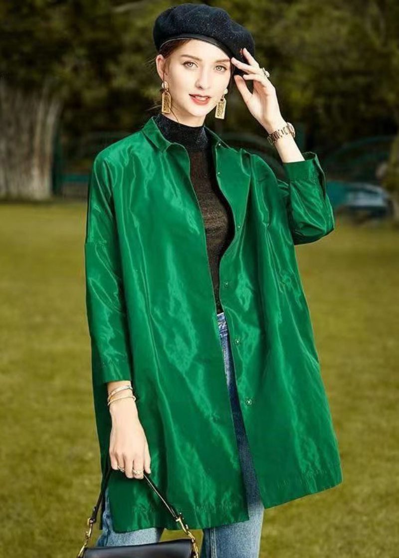 Plus Size Grøn Peter Pan Krave Slidt På Begge Sider Patchwork Silk Coat Fall