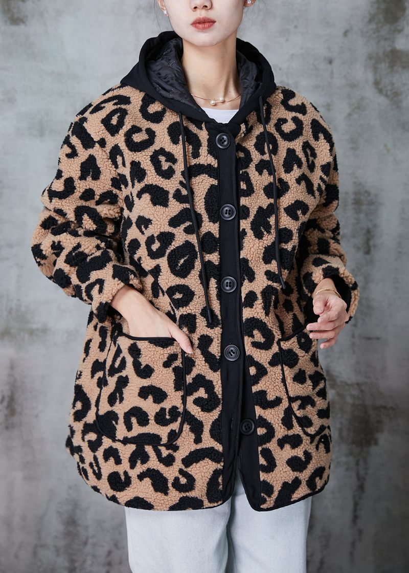 Plus Size Khaki Hætte Leopard Print Fin Bomuld Fyldt Faux Fur Coat Vinter