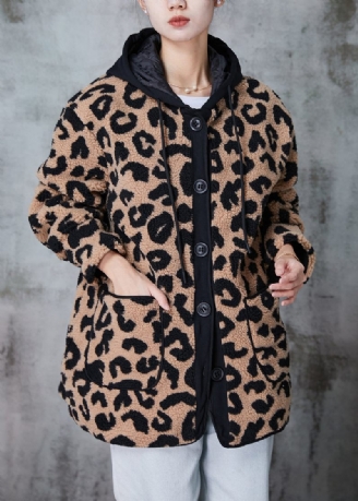 Plus Size Khaki Hætte Leopard Print Fin Bomuld Fyldt Faux Fur Coat Vinter