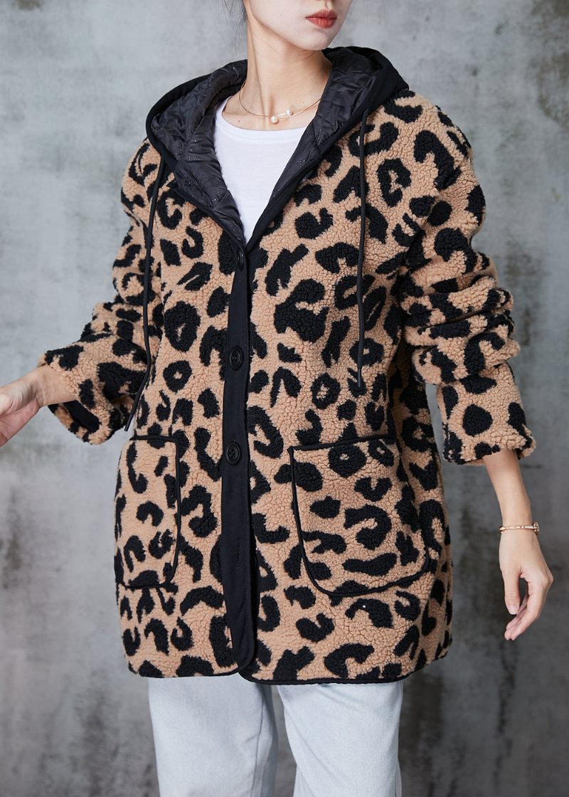 Plus Size Khaki Hætte Leopard Print Fin Bomuld Fyldt Faux Fur Coat Vinter - Dame vinterfrakker