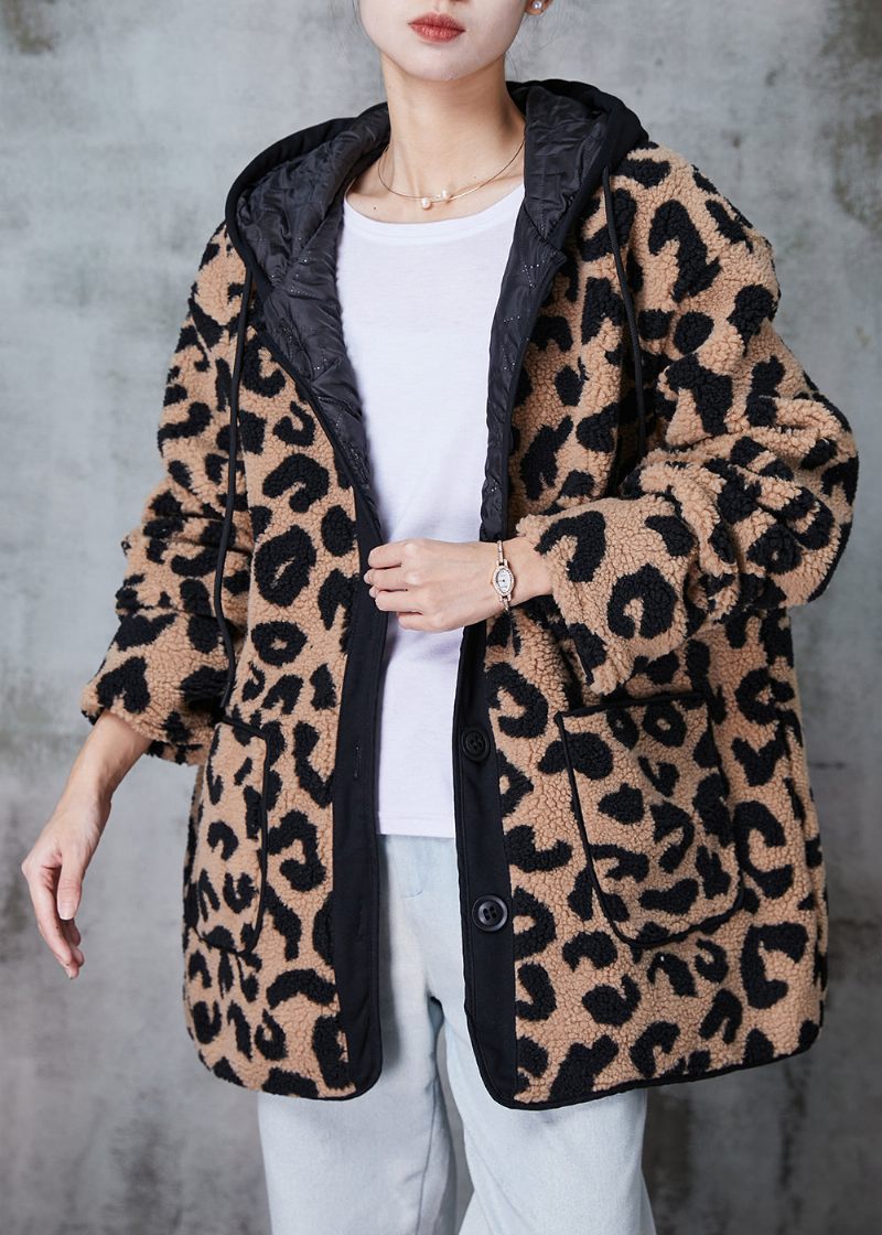 Plus Size Khaki Hætte Leopard Print Fin Bomuld Fyldt Faux Fur Coat Vinter - Dame vinterfrakker