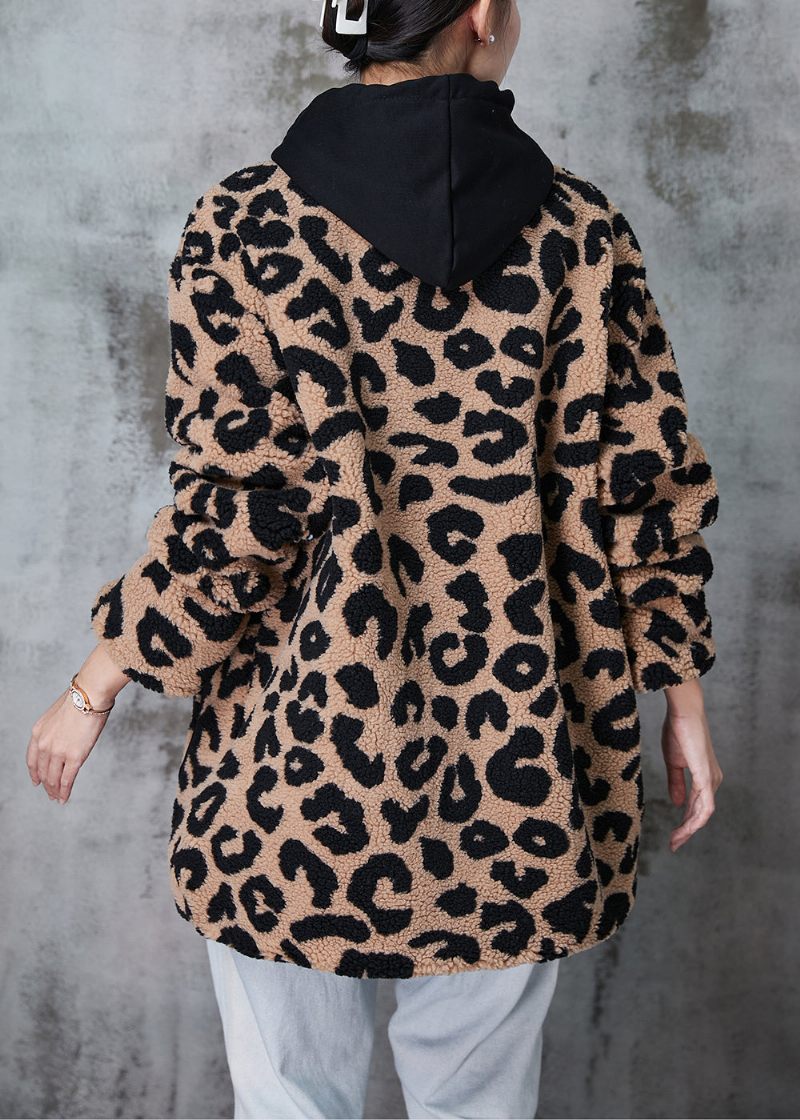 Plus Size Khaki Hætte Leopard Print Fin Bomuld Fyldt Faux Fur Coat Vinter - Dame vinterfrakker