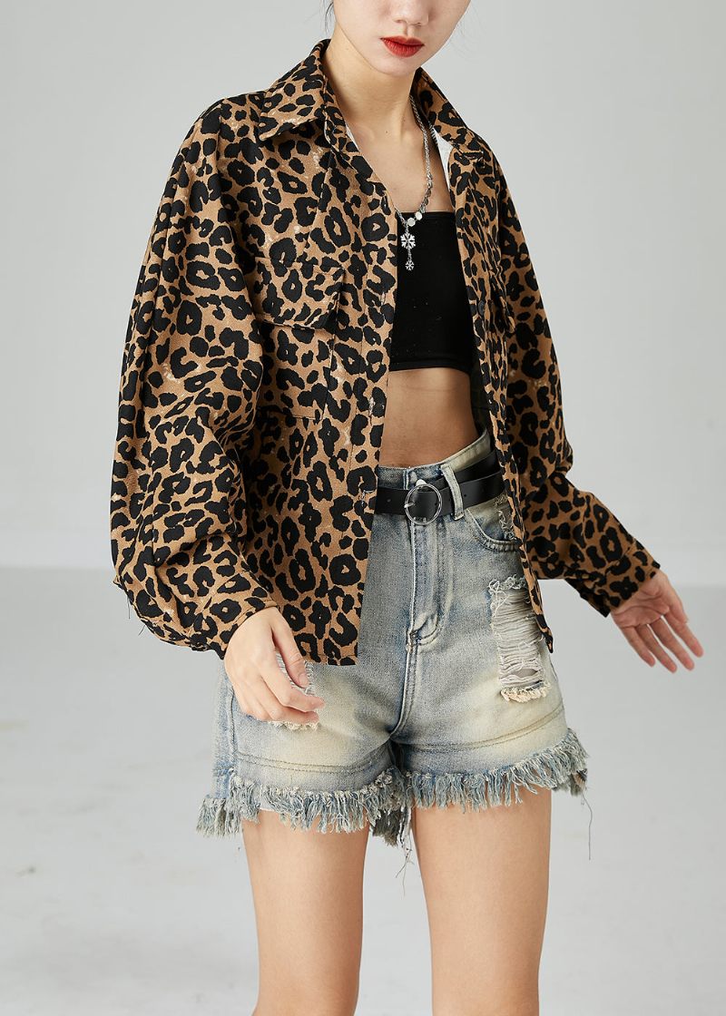 Plus Size Khaki Oversized Leopard Print Bomuld Frakke Batwing Sleeve - Dame vinterfrakker