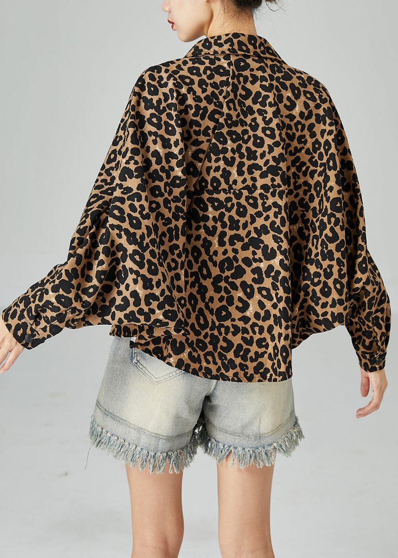 Plus Size Khaki Oversized Leopard Print Bomuld Frakke Batwing Sleeve - Dame vinterfrakker