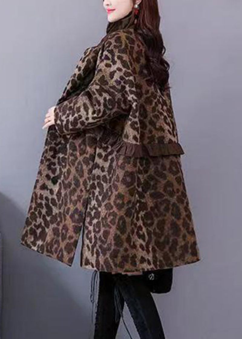 Plus Size Leopard Flæsede Lommer Tykke Uldne Frakker Langærmede - Dame vinterfrakker