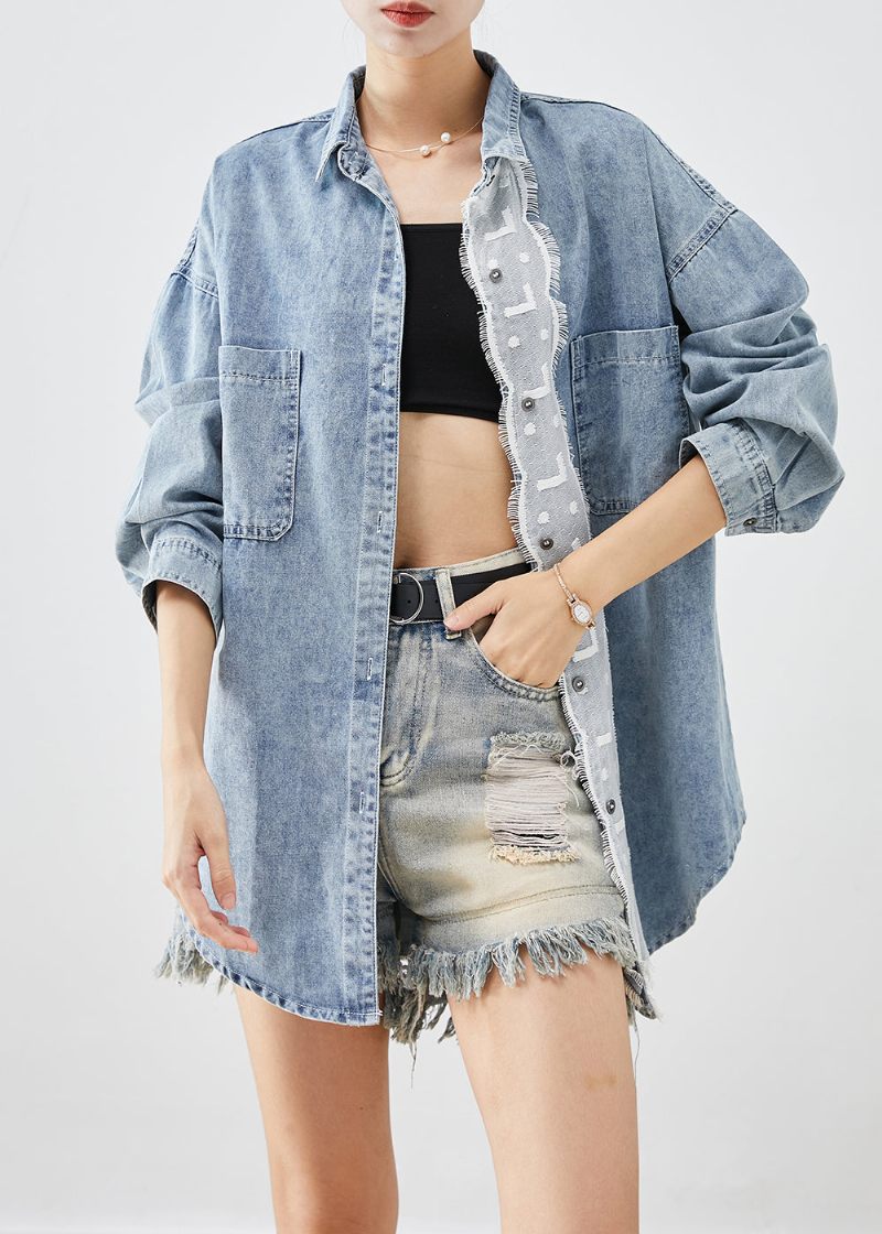 Plus Size Lyseblå Oversized Patchwork Denim Frakker Efterår