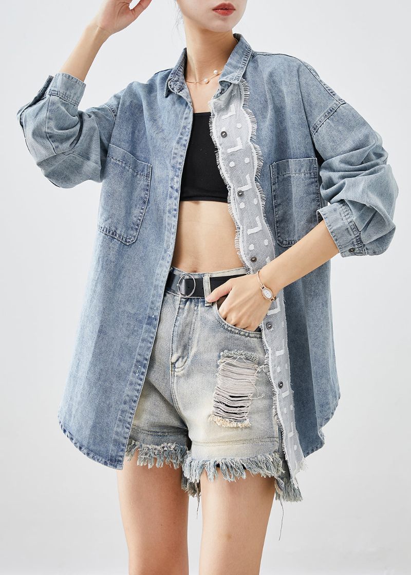 Plus Size Lyseblå Oversized Patchwork Denim Frakker Efterår - Dame vinterfrakker