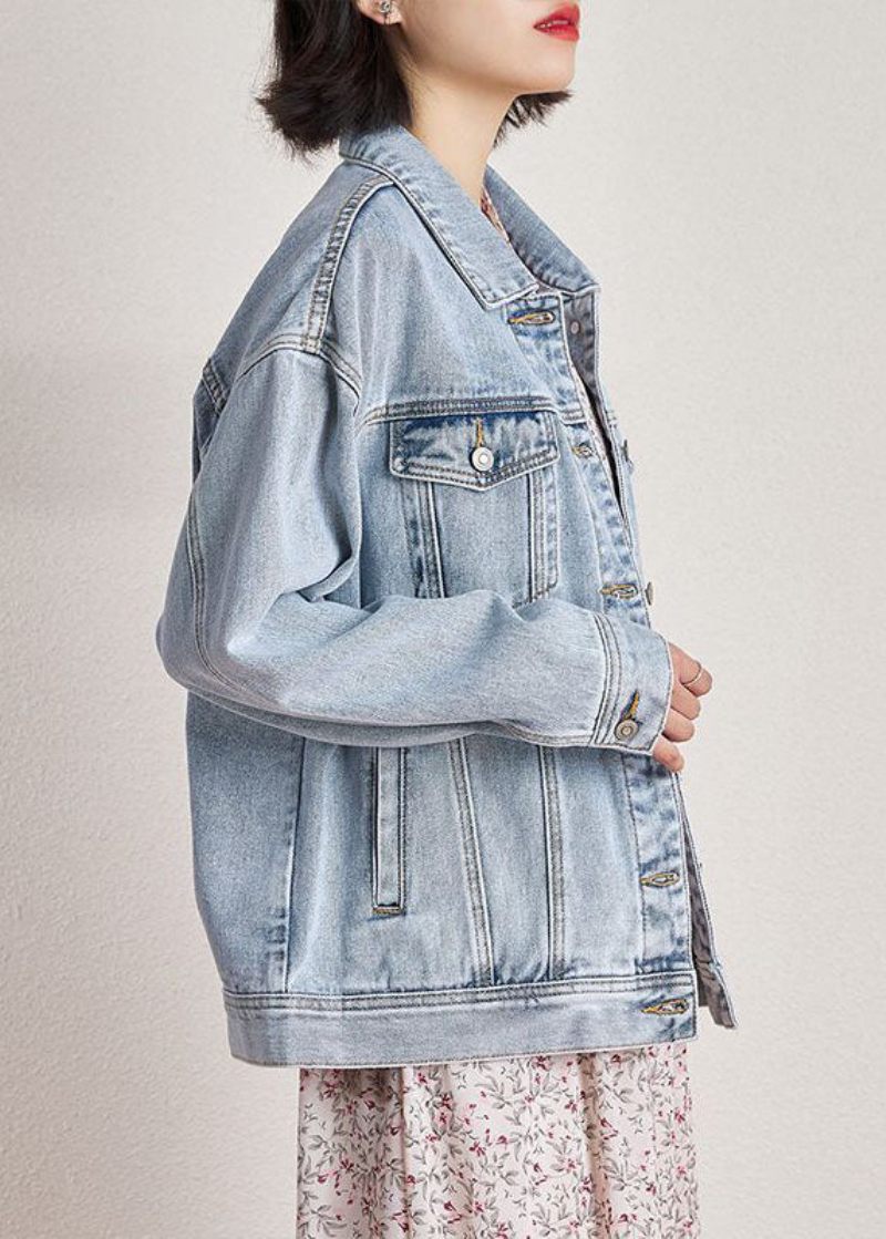 Plus Size Lyseblå Peter Pan Krave Overdimensionerede Lommer Denim Frakker Spring - Dame vinterfrakker