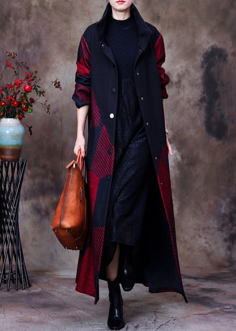 Plus Size Mulberry Stand Krave Asymmetrisk Patchwork Knap Ulden Maxi Coat Langærmet - Mulberry