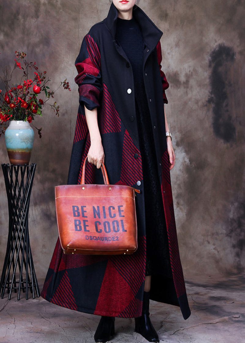 Plus Size Mulberry Stand Krave Asymmetrisk Patchwork Knap Ulden Maxi Coat Langærmet - Mulberry