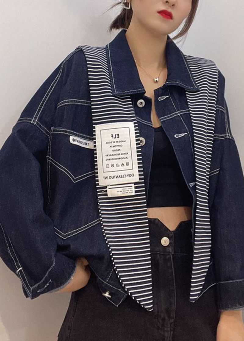 Plus Size Navy Lommer Knap Patchwork Efterår Langærmet Denim Coat