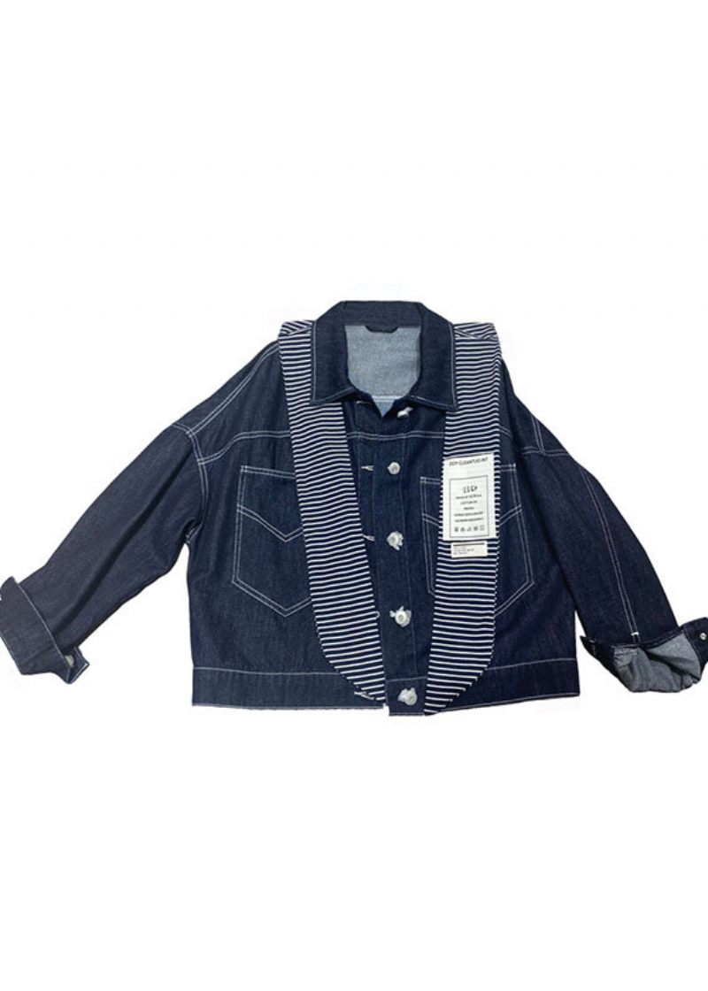 Plus Size Navy Lommer Knap Patchwork Efterår Langærmet Denim Coat - Navy