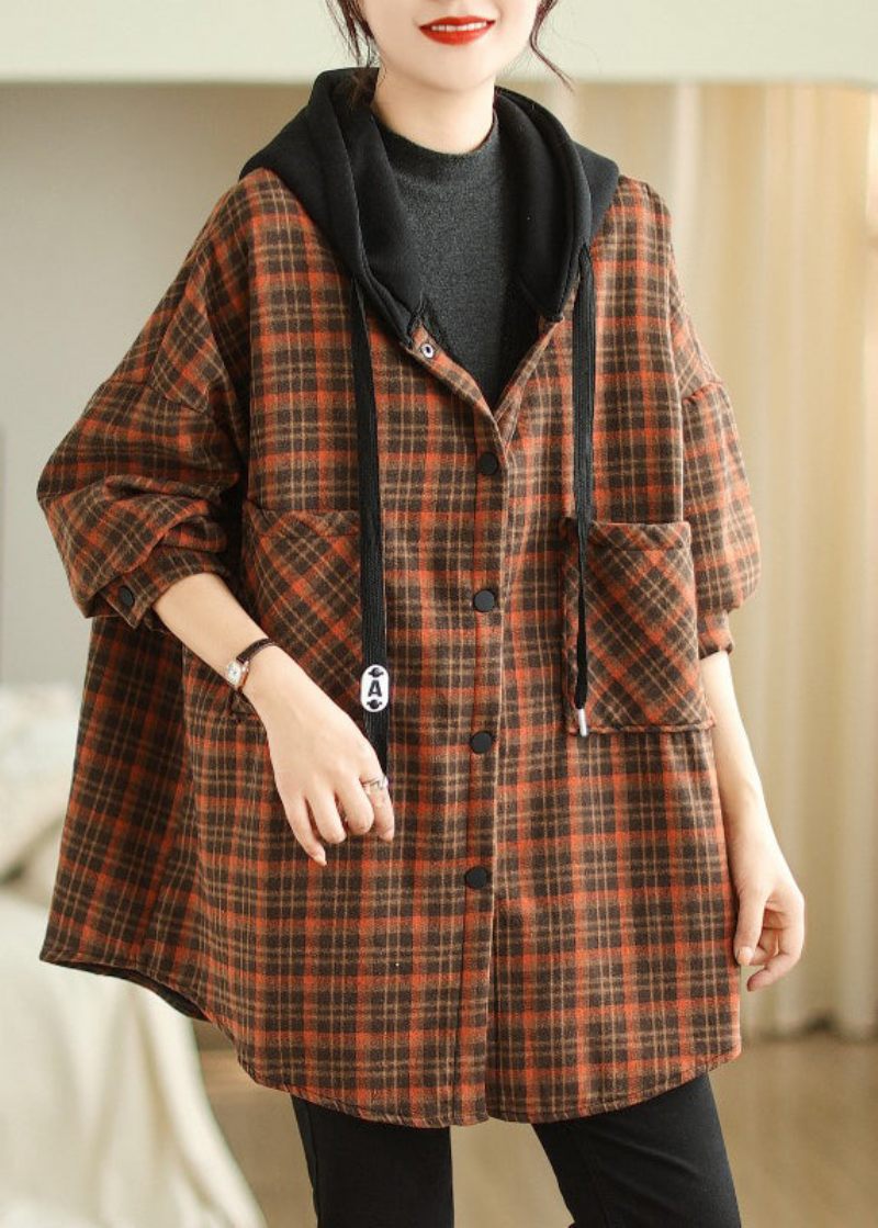 Plus Size Orange Hættelommer Plaid Varm Fleecejakke Vinter