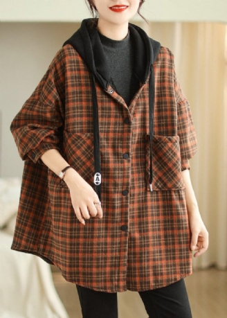 Plus Size Orange Hættelommer Plaid Varm Fleecejakke Vinter