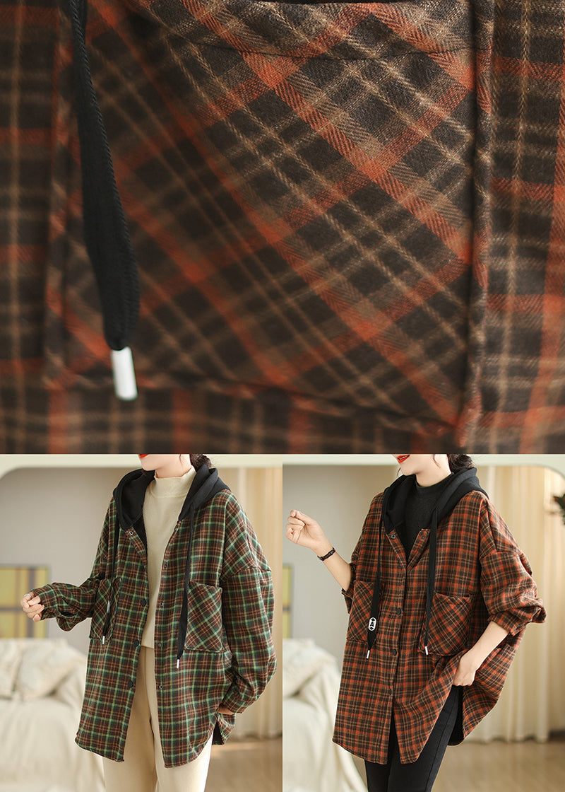 Plus Size Orange Hættelommer Plaid Varm Fleecejakke Vinter - Dame vinterfrakker