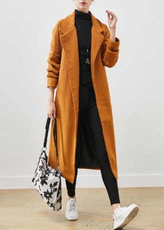 Plus Size Orange Oversized Tie Waist Woolen Coat Spring