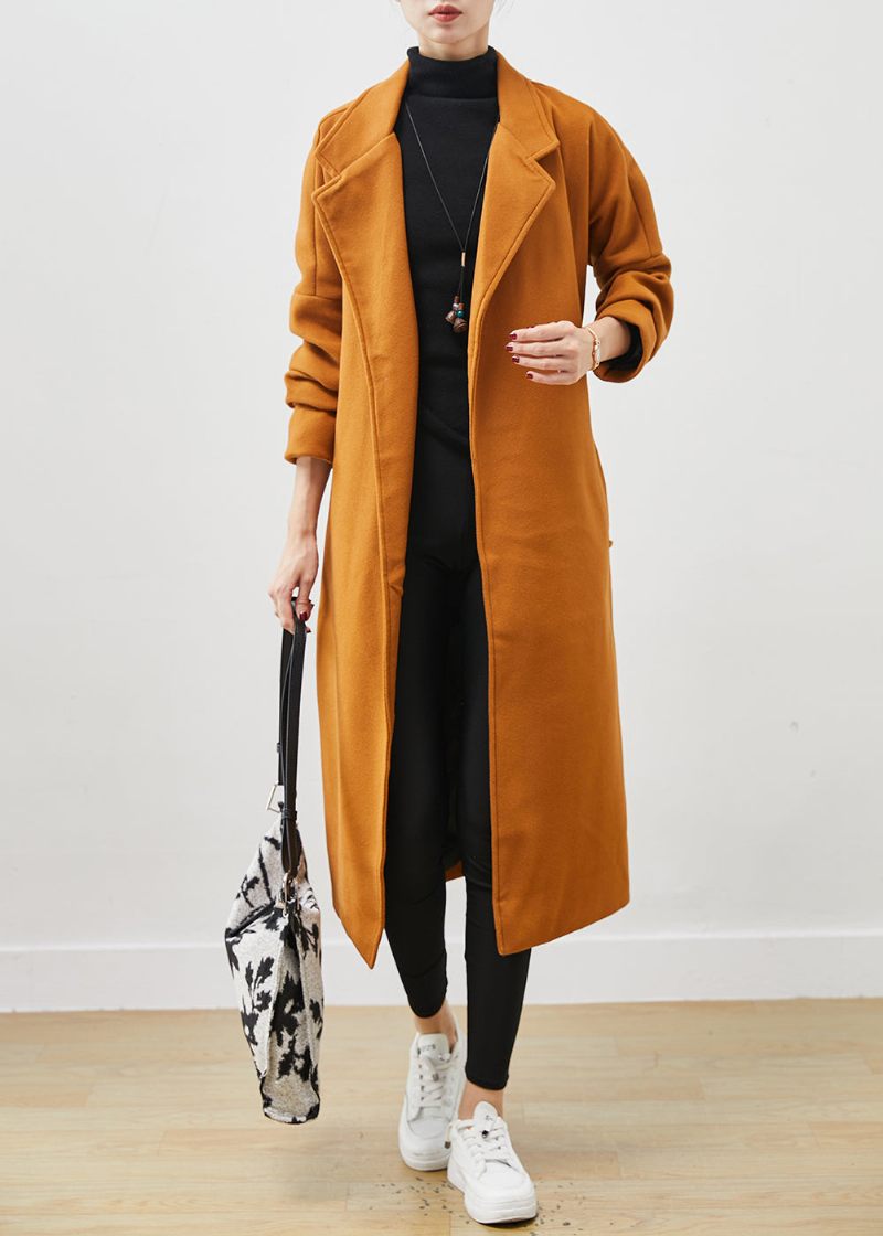 Plus Size Orange Oversized Tie Waist Woolen Coat Spring - Dame vinterfrakker