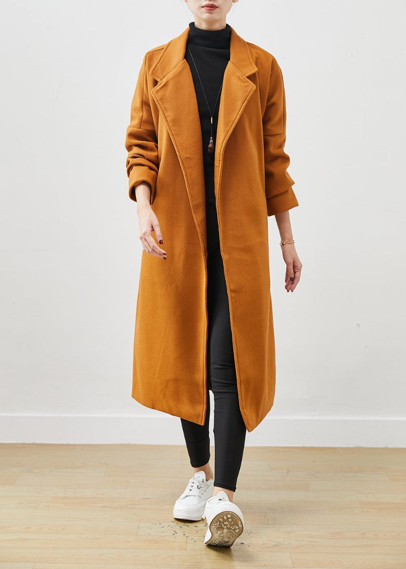 Plus Size Orange Oversized Tie Waist Woolen Coat Spring - Dame vinterfrakker