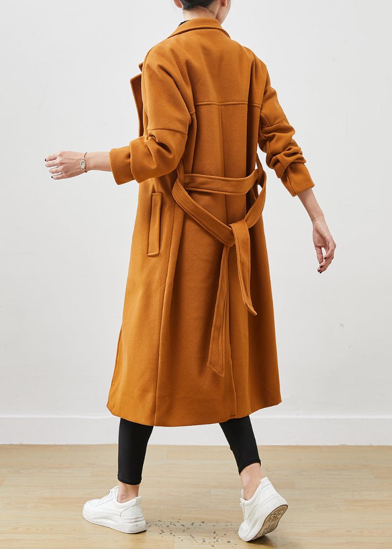 Plus Size Orange Oversized Tie Waist Woolen Coat Spring - Dame vinterfrakker