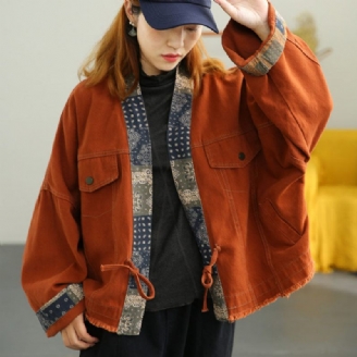 Plus Size Orange Retro Patchwork Loose Fall Coat