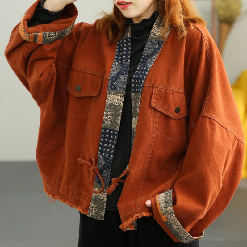 Plus Size Orange Retro Patchwork Loose Fall Coat - Orange