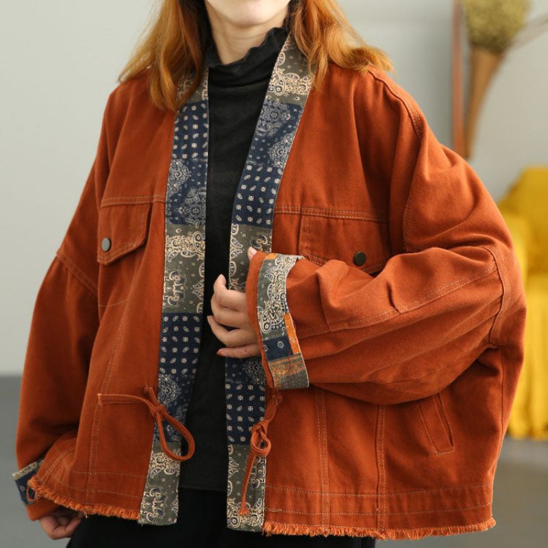 Plus Size Orange Retro Patchwork Loose Fall Coat - Orange