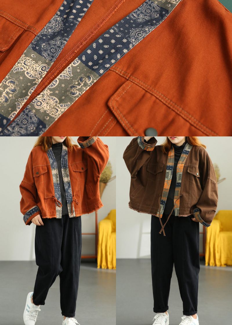 Plus Size Orange Retro Patchwork Loose Fall Coat - Orange