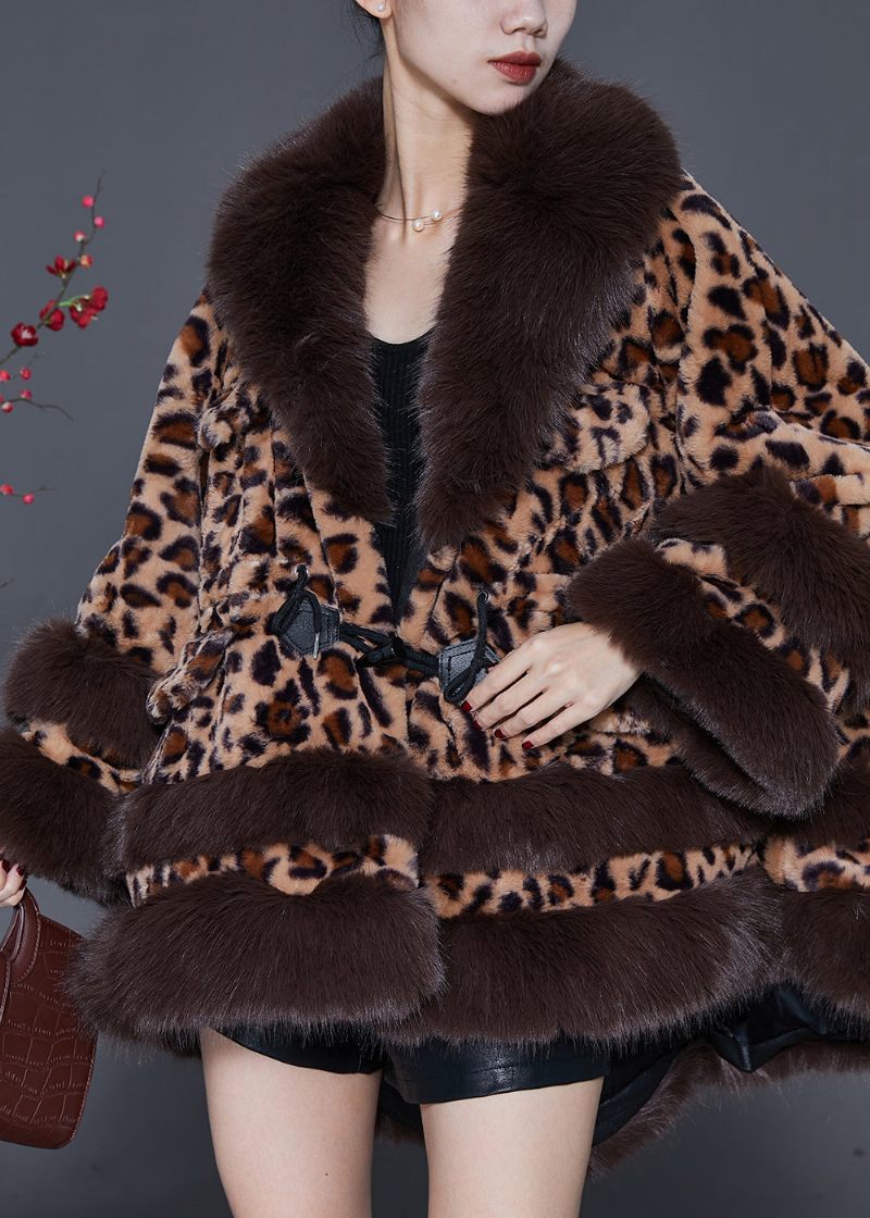 Plus Size Pelskrave Leopard Snøre Mink Velvet Trench Spring